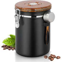 Каньора для кави 1 кг, нержавіюча сталь з дерев'яним декором, вакуумна каністра з CO2-клапаном, мірна ложка та індикатор дати, для кави, горіхів, какао