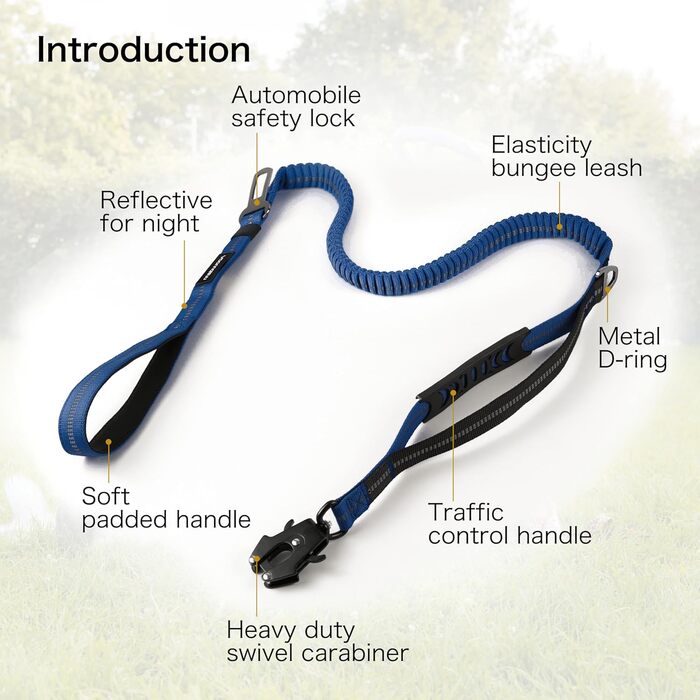 Міцна тактична повід для собак з карабіном швидкого закриття та світловідбиваючими нитками, 1,2-1,8 м Power-Stretch повід для середніх та великих собак (Морський колір та Чорний)