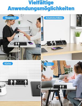 Мережевий фільтр PASSUS з 5 розетками, 2 USB-C (PD 30W), захист від перенапруги, індивідуальне вмикання, 10-в-1, з кабелем 2м, для офісу, чорний