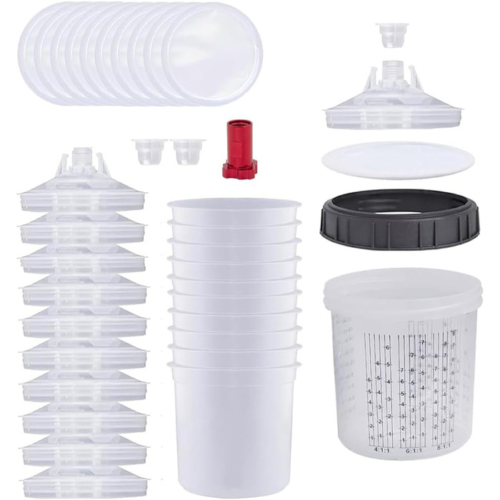 Spray Gun Mixing Cup, Lid and Liner System with 10 Mixing Cups, 10 Lids, 10 Filters, 1 Hard Cup with Retainer Ring, 2 Plugs, 1 Adapter M16x1.5 (600ML)