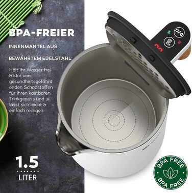 BALTER Stainless Steel Kettle with Temperature Setting, 45°C-100°C, Double-Walled, BPA-Free, Quiet & Cordless, Keep-Warm Function, Tea Kettle with Temperature Display, 1.5L, 2200W, Black (White)