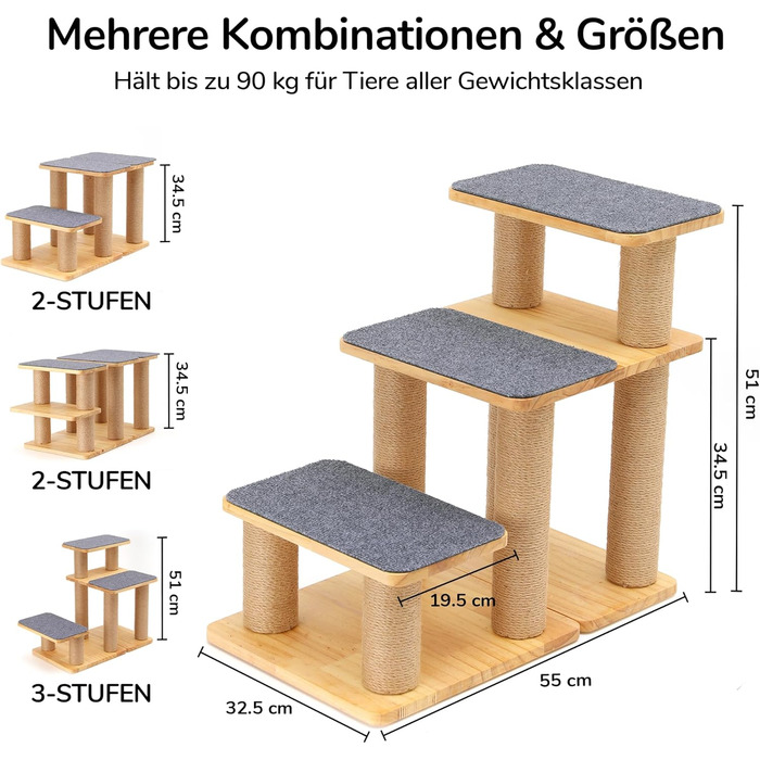 Сходинки для собак FUKUMARU, 3 сходинки, з натурального дерева та джуту, регульована висота 18-51 см, вантажопідйомність до 90 кг, знімний м'який килимок, 6 варіантів комбінації кольорів, підходить для котів та собак