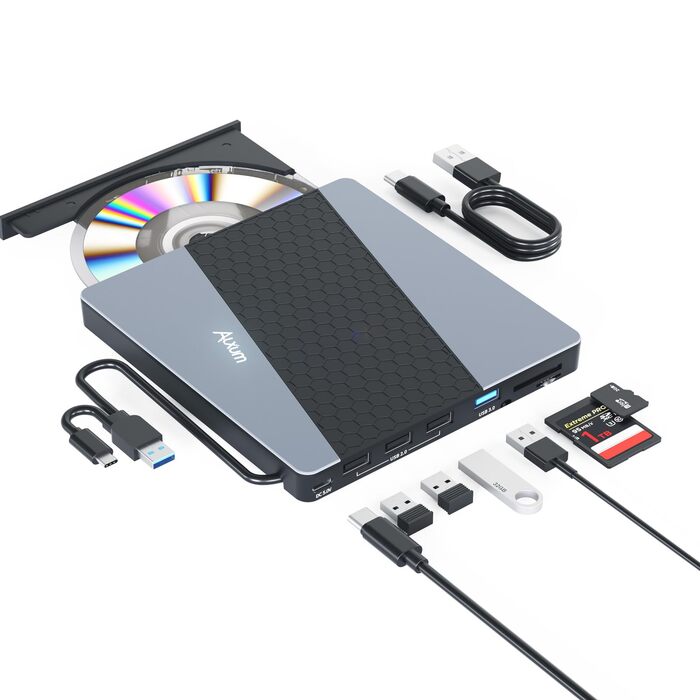 Зовнішній USB 3.0 CD/DVD-записувач Alxum з картридером SD/TF та додатковим USB-портом, Plug & Play для Windows, Linux, Mac OS, T039A