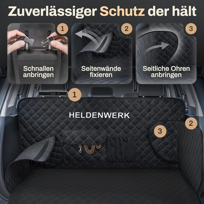 Захист для багажника авто для собак HELDENWERK: водовідштовхуючий, антиковзкий, з захистом бокових панелей та краю, універсальний, чорний (преміум, стеганий)