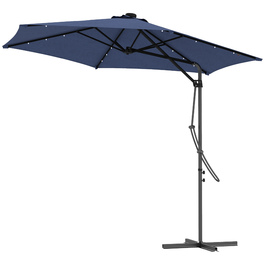 Outsunny Solar Patio Umbrella with LED, Ø290x260 cm, including cross base 55-60kg, UV protection, hand crank & protective cover, polyester, dark blue