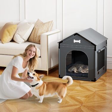 Будка для собак великого розміру для дому з м'яким лежаком, сіра. Стабільна, водонепроникна, підходить для малих та середніх собак, 68.6 x 53.3 x 68.6 см