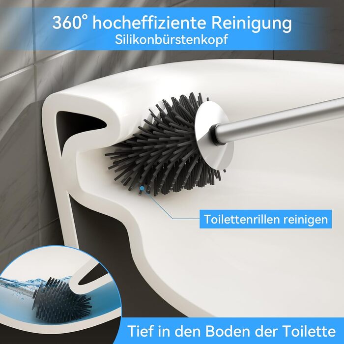 Силіконова щітка для унітазу Klobürste – гігієнічна щітка з нержавіючої сталі 304 з змінним насадком, для дому, готелю, ванної кімнати (розміру Gebürstetes Silber)