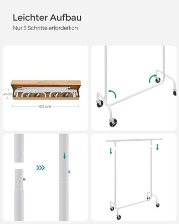 SONGMICS Clothes Rack with Wheels, Garment Rack, Heavy Duty, Extendable Clothes Rod, Holds up to 110 kg, 45 x (160-200) x 162.9 cm, Metal, Chrome, HSR176E01 ((110-150)B cm, Mattweiß)