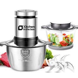 Електричний подрібнювач Zerkleinerer Kitchen in the Box 400W зі скляною (1л) та сталевою (2л) чашами для м'яса, овочів, фруктів та дитячого харчування, сріблястий
