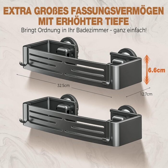 Поличка для душу Lekesky без свердління, кутова, з міцними присосками, алюміній, нержавіюча сталь, знімна, для ванної кімнати, кухні, орендованого житла (набір 2 шт.), колір: Gunmetal Grey, прямокутна