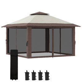 Outsunny Folding Gazebo 4x4m Garden Gazebo Adjustable Height with UV Protection & Mosquito Curtains, Double Roof in Beige for Garden Parties