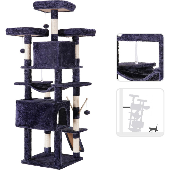 Великий котячий будиночок Kratzbaum, 180 см XXL, стабільний з мотузкою з сизалю, велика царапальня, кошик, 3 платформи та 2 будиночки, сірий, EMPJ034G