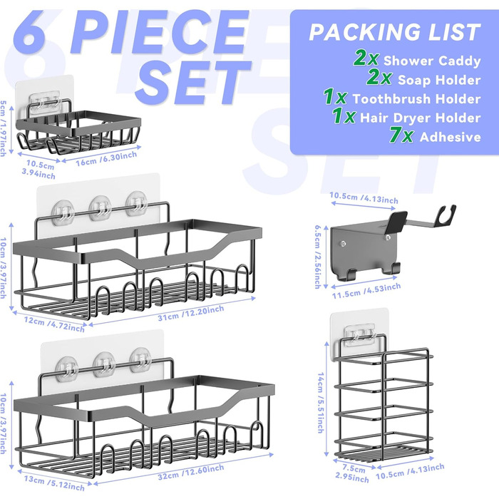 Поличка для душу без свердління, 6 шт. Регулятор для ванної кімнати з тримачем для фену та гачками, поличка для душу з нержавіючої сталі, настінна, самоклеюча, органайзер для ванної кімнати та кухні сірого кольору