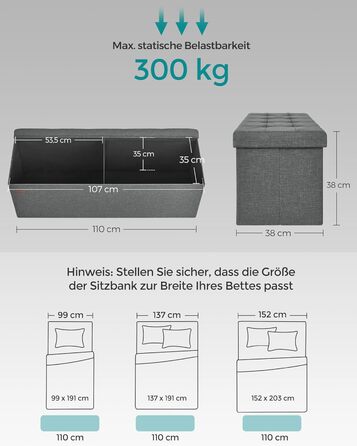 SONGMICS Storage Ottoman, Folding Bench, 38 x 110 x 38 cm Footstool, Storage Box, Load Capacity up to 300 kg, for Living Room, Bedroom, Entryway, Slate Grey LSF77K 110B cm Slate Grey