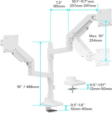 Кронштейн для двох моніторів ARES WING (17-49 дюймів) з USB, вертикальна установка один над одним, регулювання висоти, VESA 75/100, до 20 кг на плече, білий