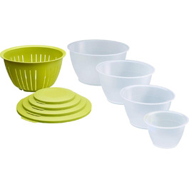 Westmark Bowl Set, 4 Bowls including Lids and Colander, 9-Piece Set, Capacity: 0.6/1.3/2.5/4.4 Liters, Plastic, BPA-Free, Olympia, Color: Transparent/Green, 2420226A