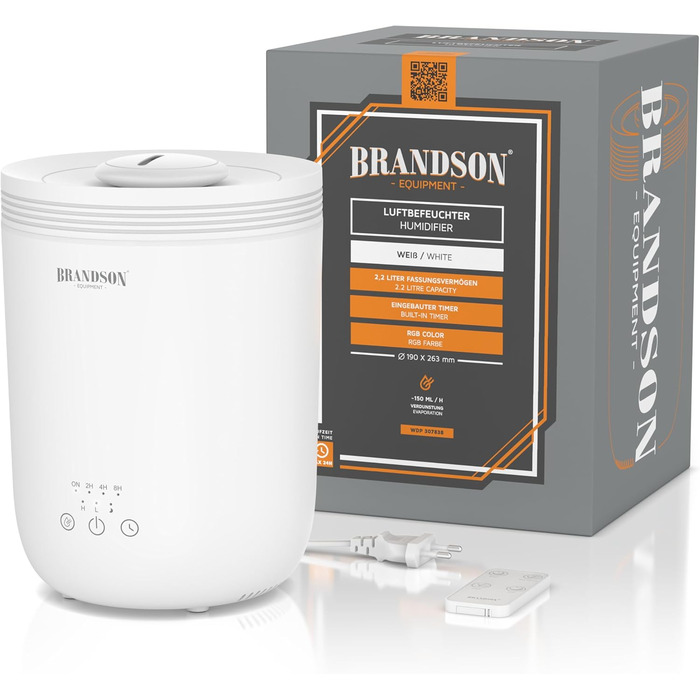 Зволожувач повітря Brandson з пультом керування, 2.2 л, LED-підсвітка, таймер, тиха робота, LED-індикатори, для вітальні, дитячої кімнати, спальні