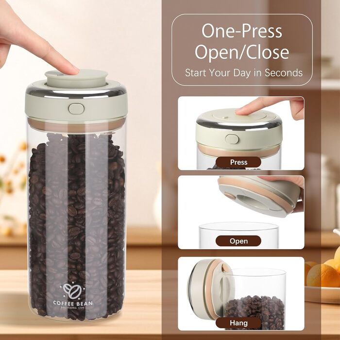 Герметичний контейнер для кави з нержавіючої сталі, 1.7L, з клапаном та індикатором дати, прозорий, для кавових зерен, горіхів, какао, чаю. HK006-01