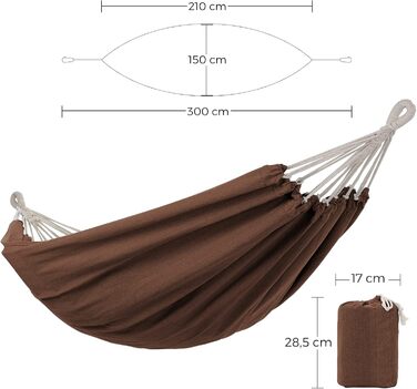 Гамак SONGMICS 210x150 см, подвійний, до 300 кг, для тераси, балкона, саду та кемпінгу, з сумкою, ременями та карабіном, коричневий