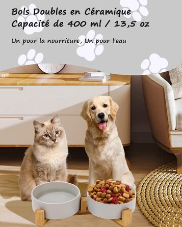 Миска для корму для собак і котів з кераміки з бамбуковим підставкою та антиковзною підкладкою (400 мл, сірий)