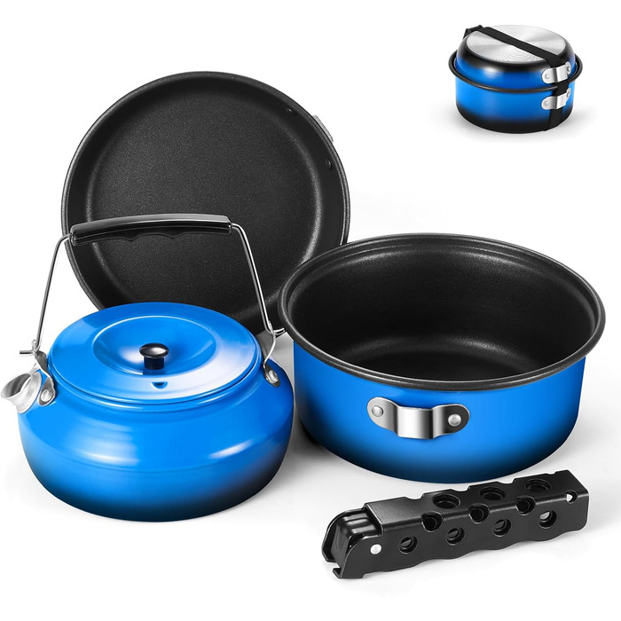 Odoland 5-Piece Camping Cookware Set - Nonstick Lightweight Pot Pan Kettle with Detachable Handle - Backpacking, Camping, Hiking & Picnic Cookware Set