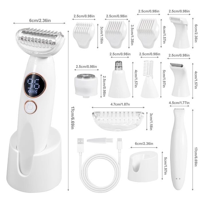 Електричний жіночий тример Carehabi 5-в-1 для тіла, обличчя та бікіні. Вологостійкий IPX7 з USB-станцією.