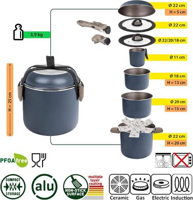 Набір кухонного посуду BRUNNER Camping HOHES для кемпінгу (алюмінієвий) - 7+2 шт. (Ø 18, 20, 22 см), Vakublock, для 2-4 осіб, з антипригарним покриттям, легкий, високоякісний, стакується