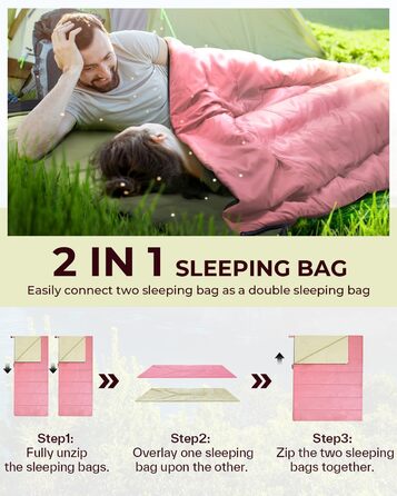 Ohuhu Lightweight Sleeping Bag - Compact & Ultralight (900g) Summer Sleeping Bag for Camping, Travel, Festivals (Pink)