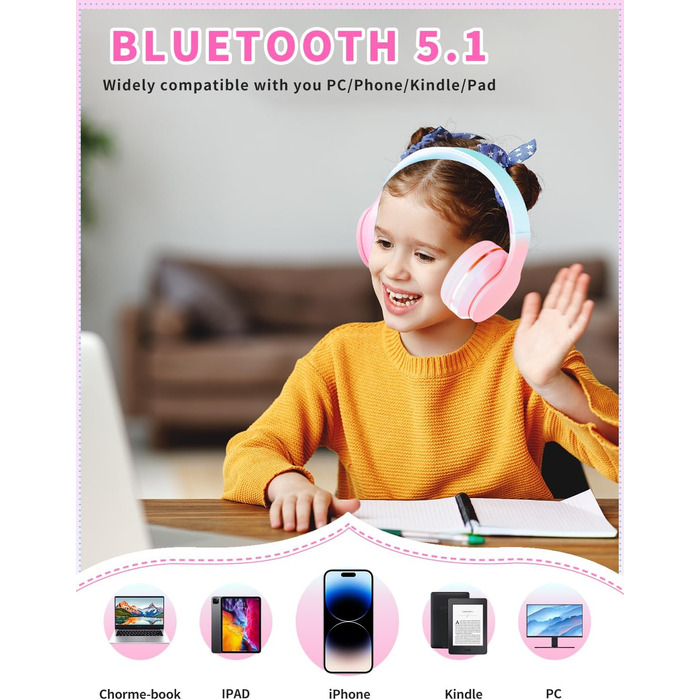 Дитячі навушники Xunpuls Bluetooth Over-Ear з мікрофоном (Рожеві)