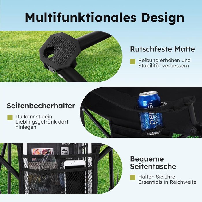 Набір 2 складаних стільців для кемпінгу High Point Sports з підсклянником та охолоджувачем, до 120 кг, чорний