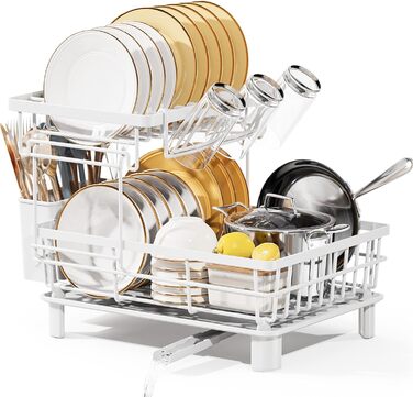 LIONONLY Dish Drying Rack, Small 2-Tier Dish Rack with Drip Tray, Stainless Steel Dish Drying Rack with Utensil Holder, Drink Holder and Swivel Spout, Dish Drying Stand Kitchen