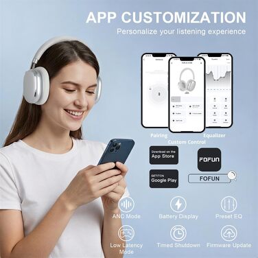 Навушники бездротові Bluetooth 6.0 NC95 з активним шумозаглушенням, сріблясті. До 120 годин роботи, налаштування EQ через додаток, для подорожей та спорту