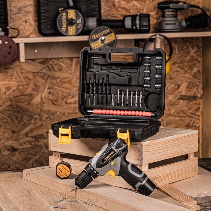 Акумуляторний дриль-шурупокрут BESTEN (2 акумулятори 1,5Аг, 12В) з кейсом та набором аксесуарів