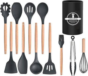 Набір кухонних аксесуарів, 12 шт. - кухонне приладдя з силікону з дерев'яною ручкою, BPA Free, з отвором для підвішування (чорний)