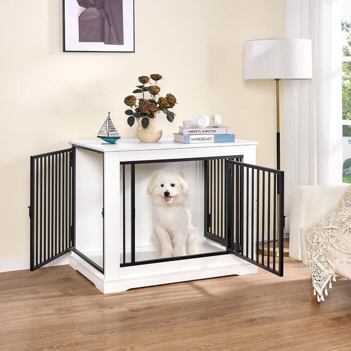 BEWISHOME Клітка для собак, 81 см, Біла, з 3 дверцятами, для дому, з функцією столику, для маленьких/середніх собак, EMGL03W