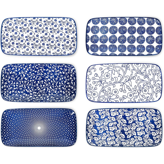 Сервіровочні тарілки Selamica Keramik, набір 6 шт., 24 x 14 x 2.5 см, вінтажний блакитний, для суші, закусок, фруктів