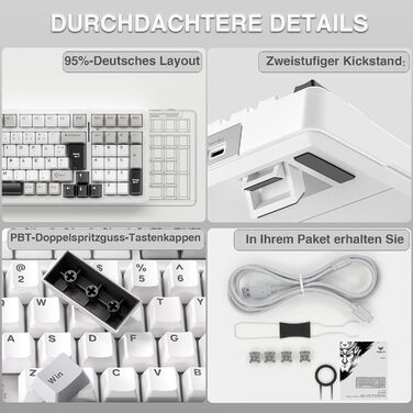 Ігрова механічна клавіатура AULA F99 бездротова, QWERTZ, BT5.0/2.4G/USB-C, Gasket Structure, Hot Swap, RGB, PBT клавіші, 8000mAh, Creamy Sound, 95% механічна (білий сірий)