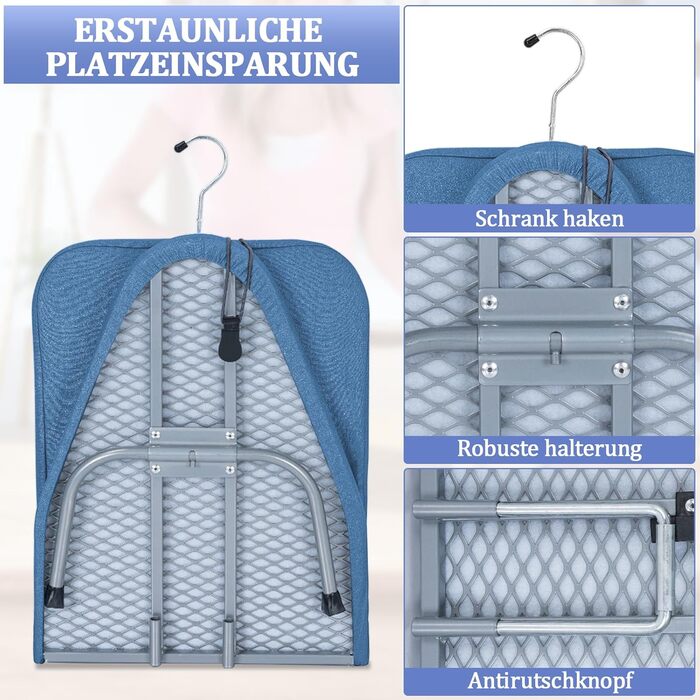 Відкидна прасувальна дошка з підставкою для праски, регульована по висоті, з антиковзними ніжками, компактна (Блакитна, 81 x 32 x 16 см)