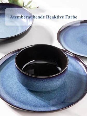 Набір посуду LeRatio на 6 осіб, 18 предметів, керамічний, реактивна глазур, блакитний, для сервірування столу, стійкий до подряпин, придатний для миття в посудомийній машині та використання в мікрохвильовій печі