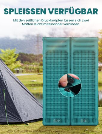 Glymnis Isomatte Camping Air Mattress - 9cm Thick, with Foot Pump & Pillow - Ultralight Outdoor Sleeping Pad for Camping, Hiking, Travel - Army Green/Turquoise