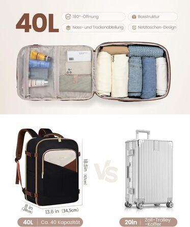 Рюкзак ручної поклажі OVEVOOK для подорожей, 40 л, водонепроникний, з відділенням для ноутбука 17