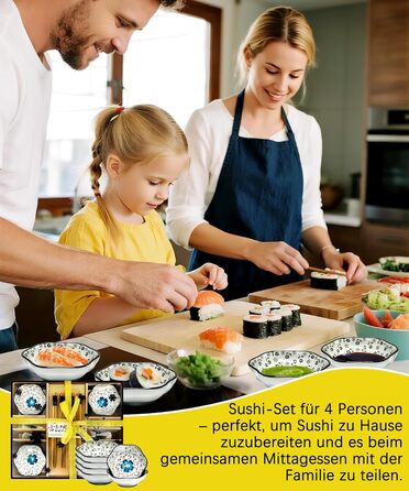 Набір для суші на 4 особи, 12 предметів, кераміка, набір для подачі суші, керамічні соусники, дизайн 'Плюм-квіт', ідеальний подарунок