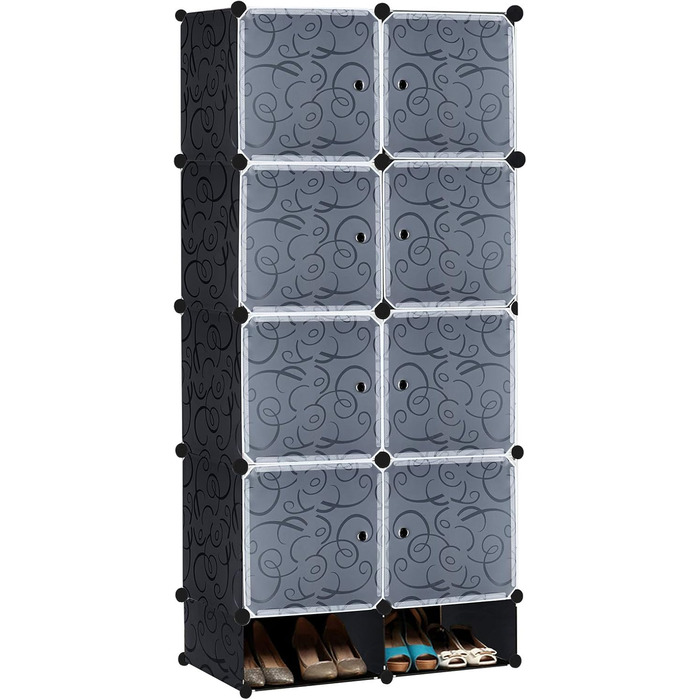 DIY Shoe Cabinet Shoe Shelf, Shelf System Shoe Storage Shelves for Clothes, Shoes, Toys, and Books 111cm x 37cm x 147cm (Black with Door) (8 Boxes)