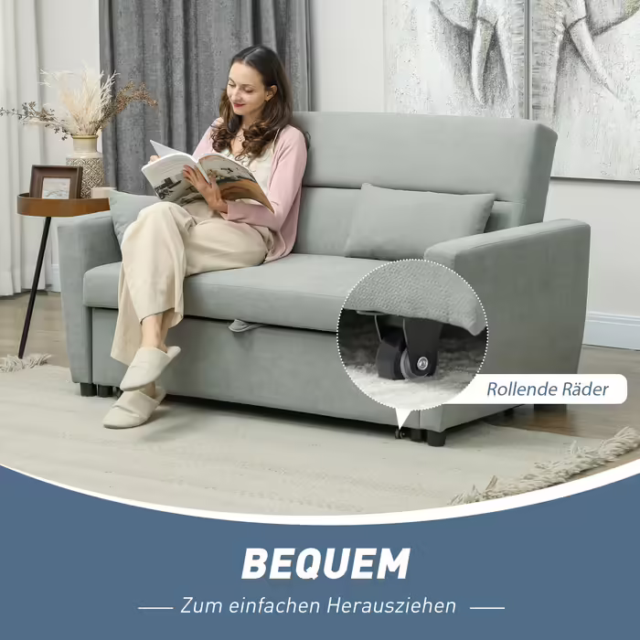 HOMCOM Sleeper Sofa, 2-Seater Sofa Bed with Sleeping Function, Adjustable Backrest, Couch with Cushions, Velvet Look, Sleeper Sofa with Storage Box for Living Room, Guest Room, Light Grey | Aosom