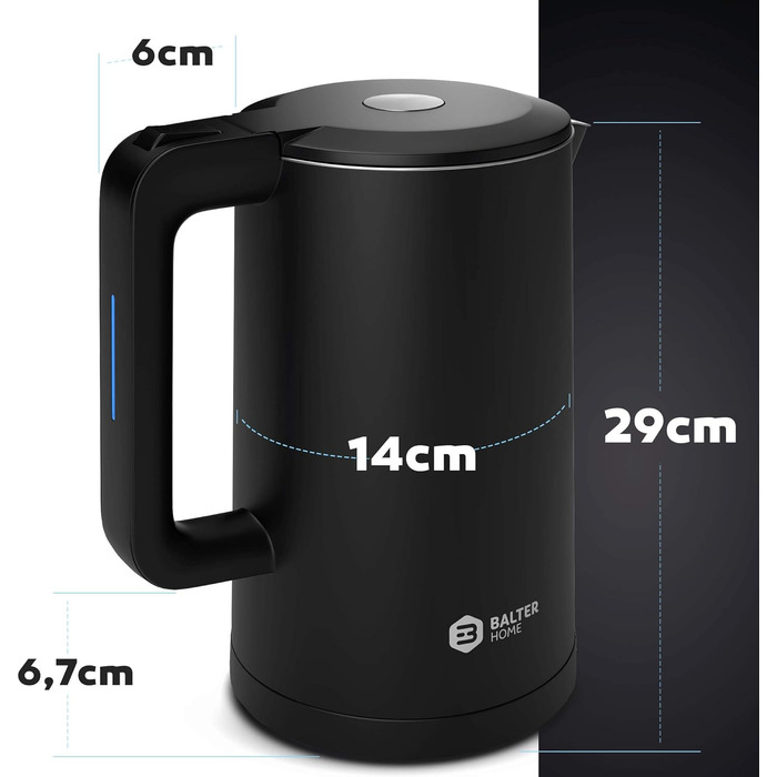 Balter Stainless Steel Kettle WK-4, 1.7 Liter, Electric Kettle, Double-Walled Design, BPA Free, LED, Compact Tea Kettle, Quiet (Black)