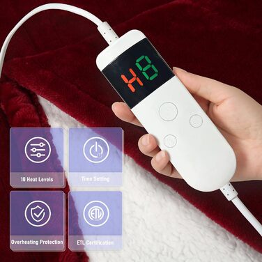 Електрична ковдра Qieryun з автовимкненням, 130x180 см, 10 режимів нагріву, таймер 8 годин, захист від перегріву, флісова ковдра, пральна машина, для дому та офісу (червона, 150 x 180 см)