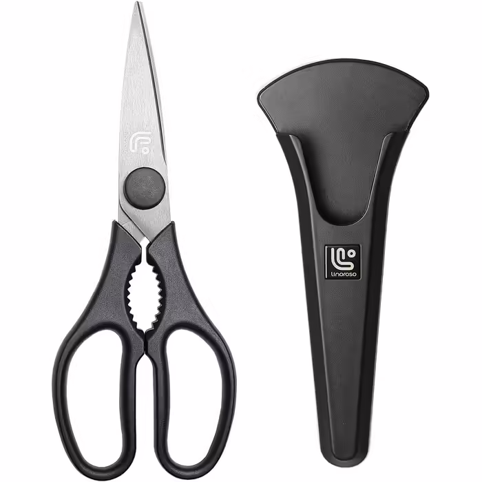 Linoroso Kitchen Scissors - Sharp Scissors for the Kitchen with Magnetic Cover - High Quality Stainless Steel - Household Scissors - All-Purpose Scissors - Can be Used as Fabric Scissors, Craft Scissors, Paper Scissors, Grill Scissors - Classic Black