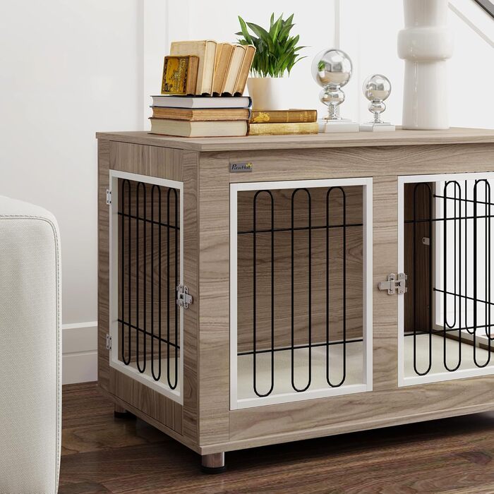 Клітка для собак PawHut з бічним столиком, 90x58x65 см, горіховий колір, для дому, з подушкою