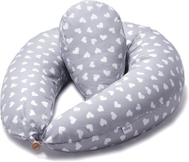 Подушка для вагітних Niimo XXL+ 2-в-1 з функцією подушки для годування - з підпоркою, 100% бавовна, зручна та багатофункціональна, сіра з білими сердечками (200 x 70 см)