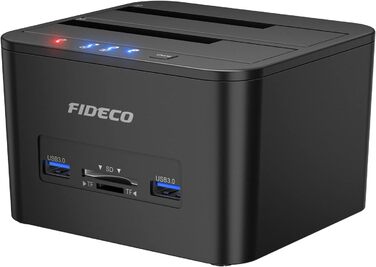 Док-станція для жорстких дисків FIDECO з двома відсіками, USB 3.0, підтримка UASP, TF/SD карт, для HDD/SSD SATA 2.5